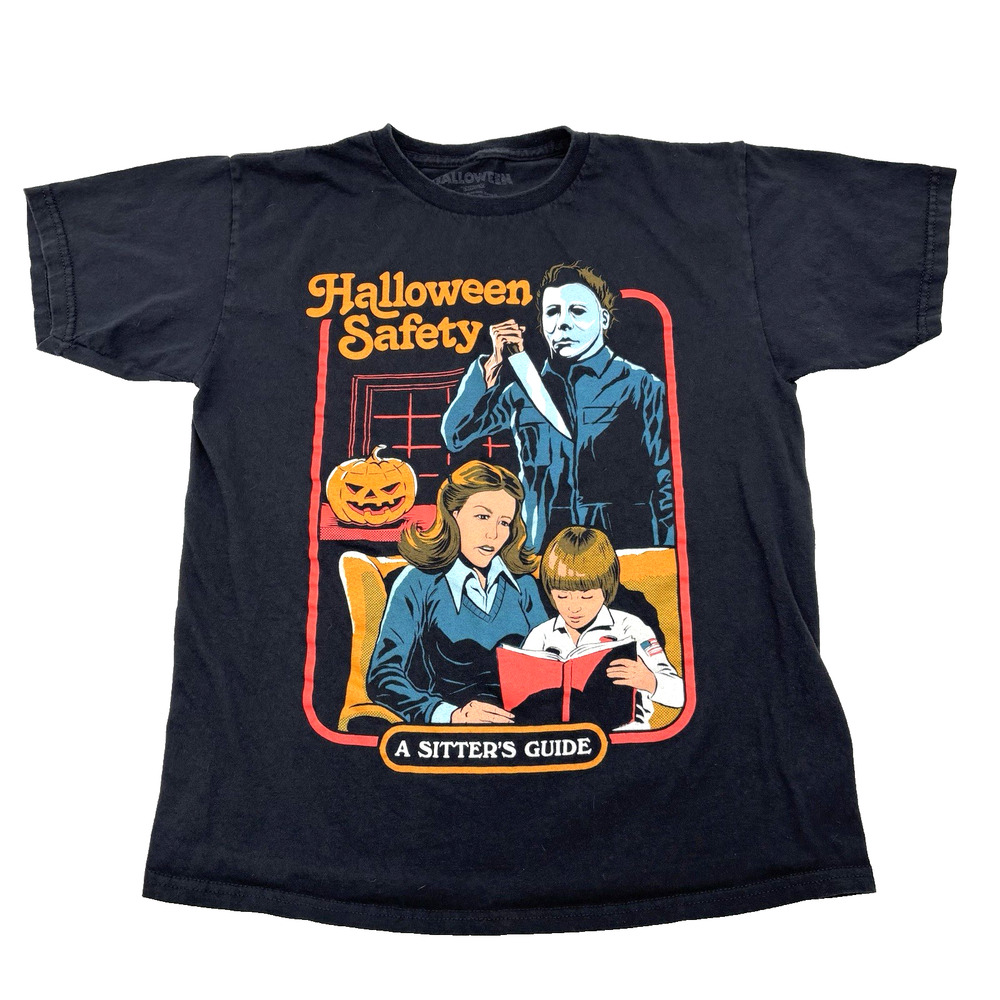 Halloween Safety A Sitters Guide Michael Meyers Graphic on Black T-shirt XS